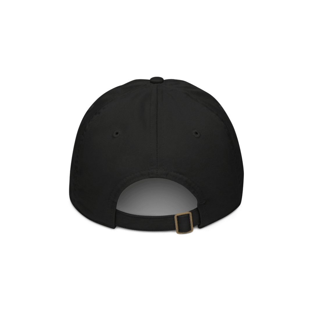 Black cap with a gold buckle on a white background