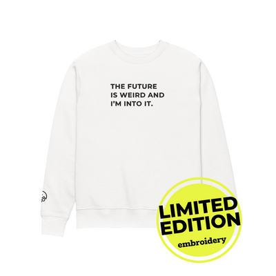 White sweatshirt with text and 'Limited Edition embroidery' label on a white background