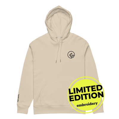 Beige hoodie with a logo on the chest and 'Limited Edition Embroidery' text on a white background